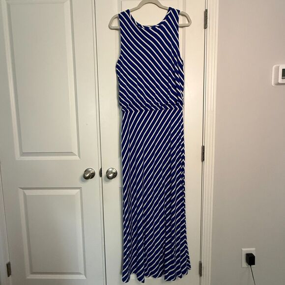Talbots Women Dress LP Blue White Stripe Maxi Sleeveless Drawstring Waist Beach - Picture 2 of 7